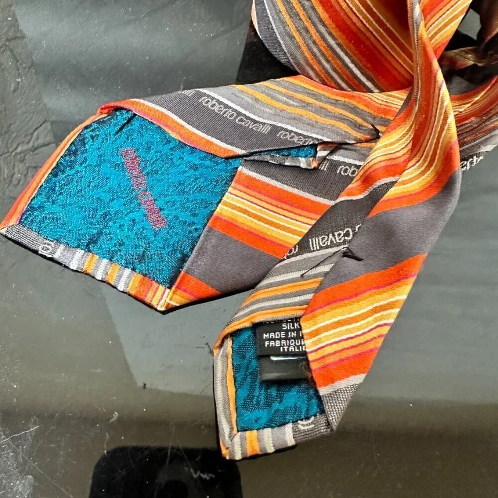 Roberto Cavalli Silk Tie Orange Gray Yellow Stripe Striped White Luxury